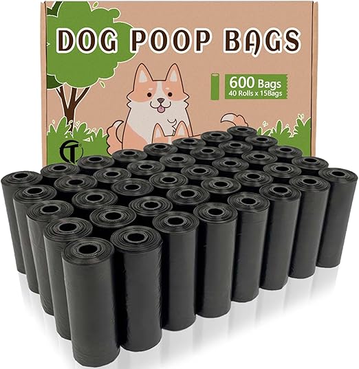 600 Poo Bags Dogs, 5 Colours, Dog Poo Bags, 31 x 22 cm, Polyethylene Material, Portable, Black, Blue, Pink, Yellow, Green (40 Rolls of 15 Counts)